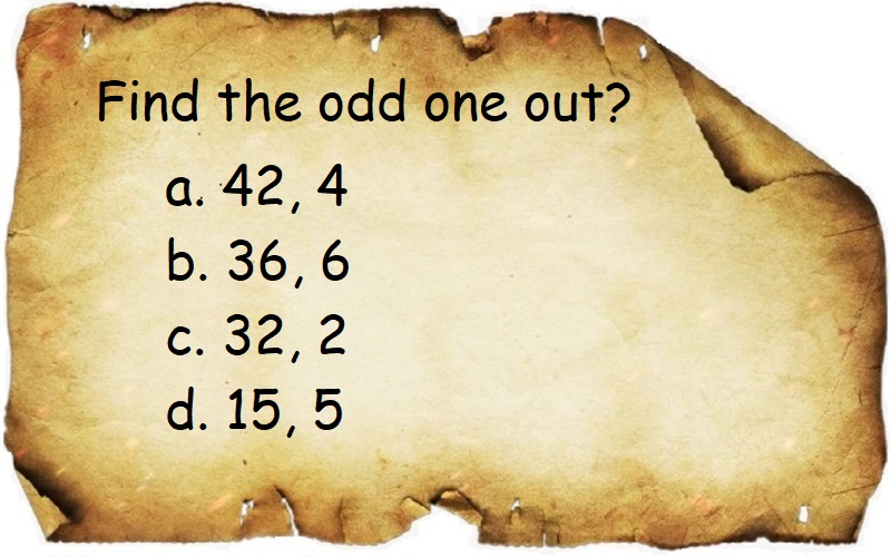Odd one out: 42 4, 36 6, 32 2, 15 5