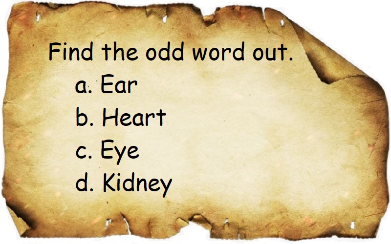 Find the odd word out questions, ear heart, eye, kidney