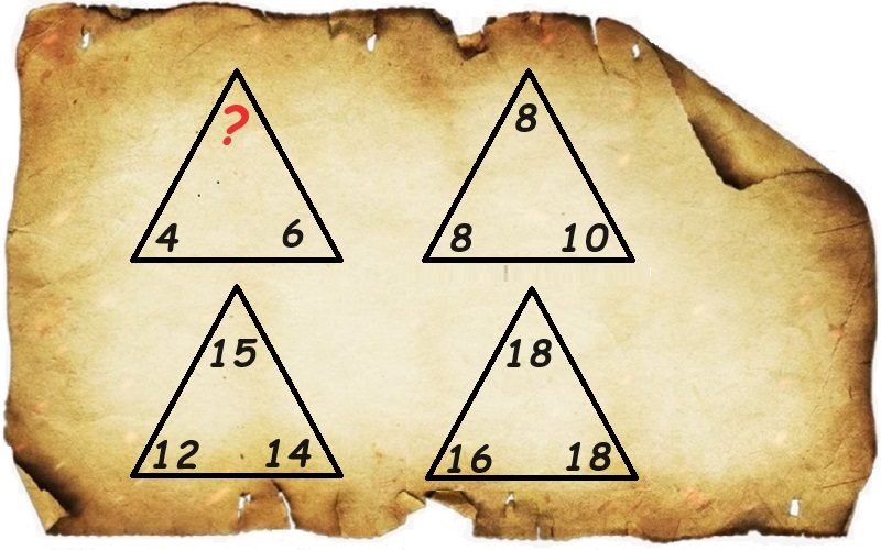 Triangle number puzzle on an aged parchment background: Find the missing number in a series of triangles with patterns. One triangle shows numbers 4 and 6 with a question mark at the top. Other triangles display numbers 8, 10, 12, 14, 15, 16, and 18. A brain teaser question for puzzle enthusiasts.
