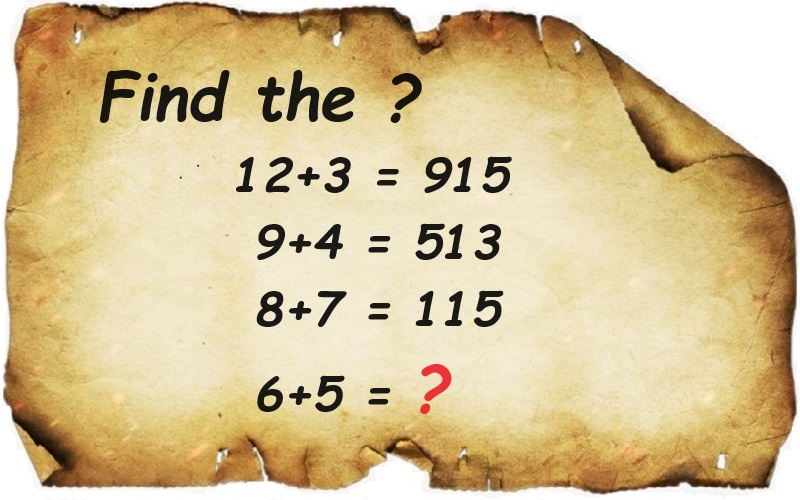Challenging brain teaser question on an aged parchment background: Find the missing number in the sequence. 12+3 = 915, 9+4 = 513, 8+7 = 115, 6+5 = ? A fun puzzle for those searching for brain teaser questions.
